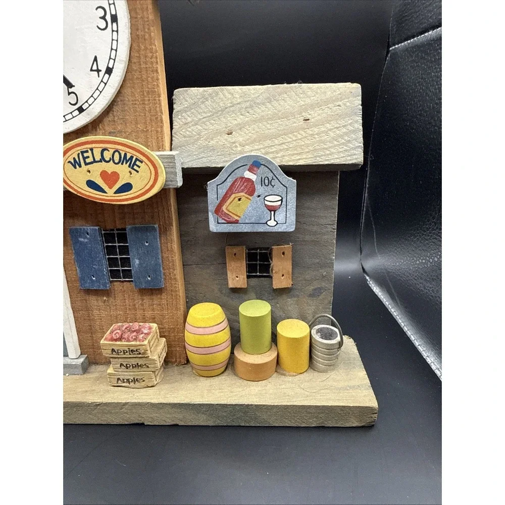 VTG Small Town Store Mantel Wood Decorative with Clock Handmade Cottage Core